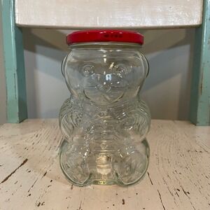 Vintage 1988 Kraft Strawberry Jam Glass Teddy Bear Jar Jelly Red Lid 6 Inch